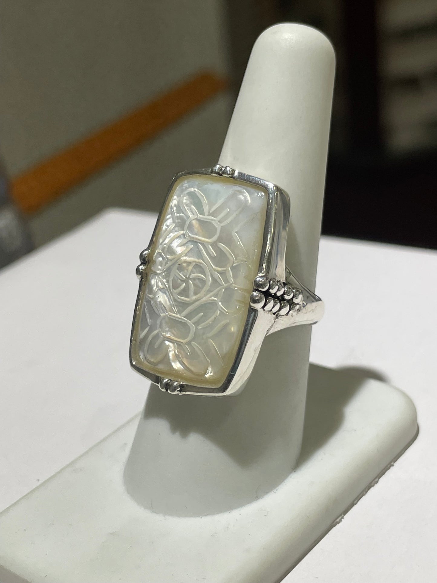 Large Hand Etched Mother of Pearl Signet 925 Sterling Silver Ring Size 8