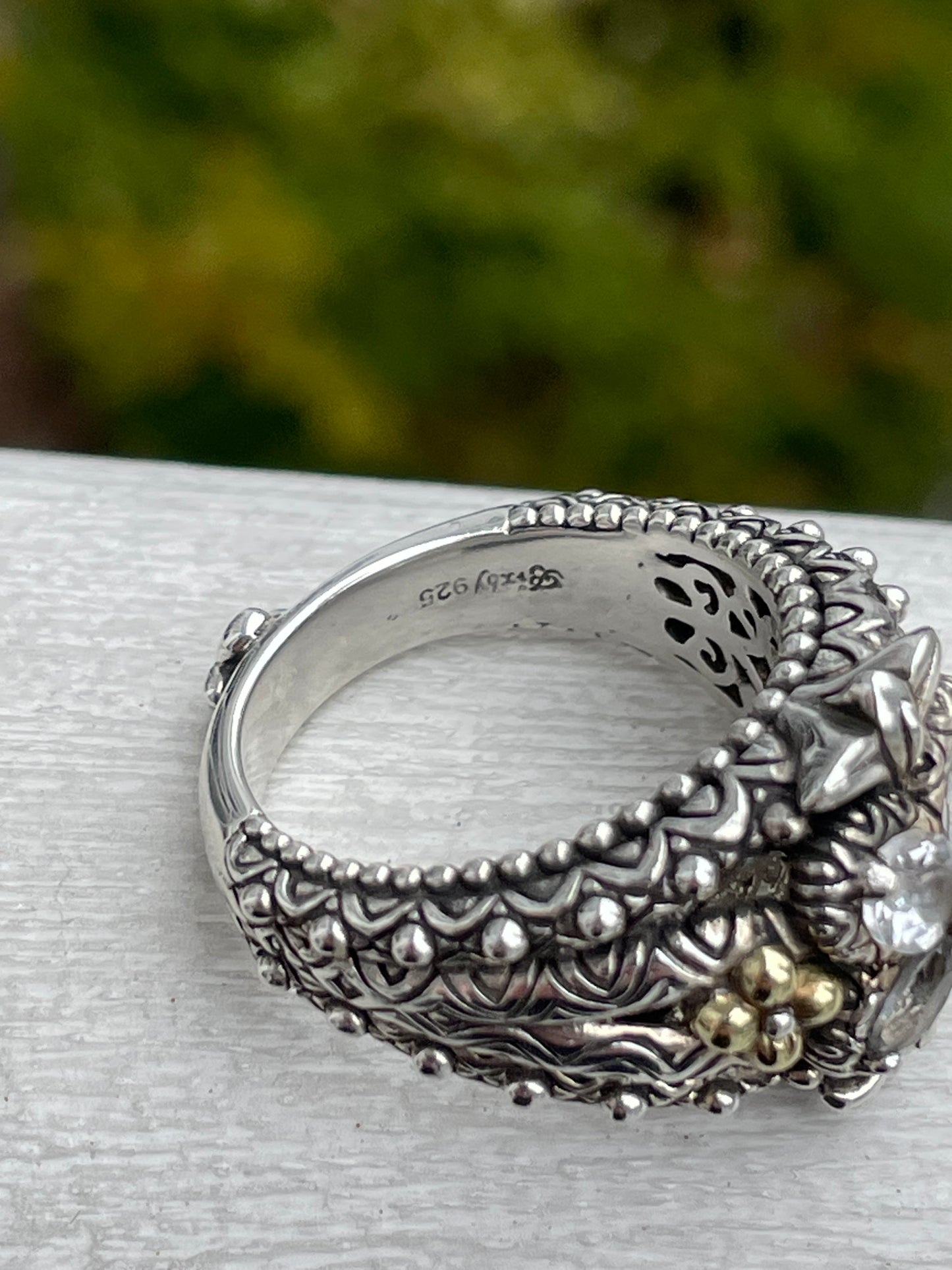 Designer Barbara Bixby Silver & 18k Gold White Topaz Clover Ring Size 9