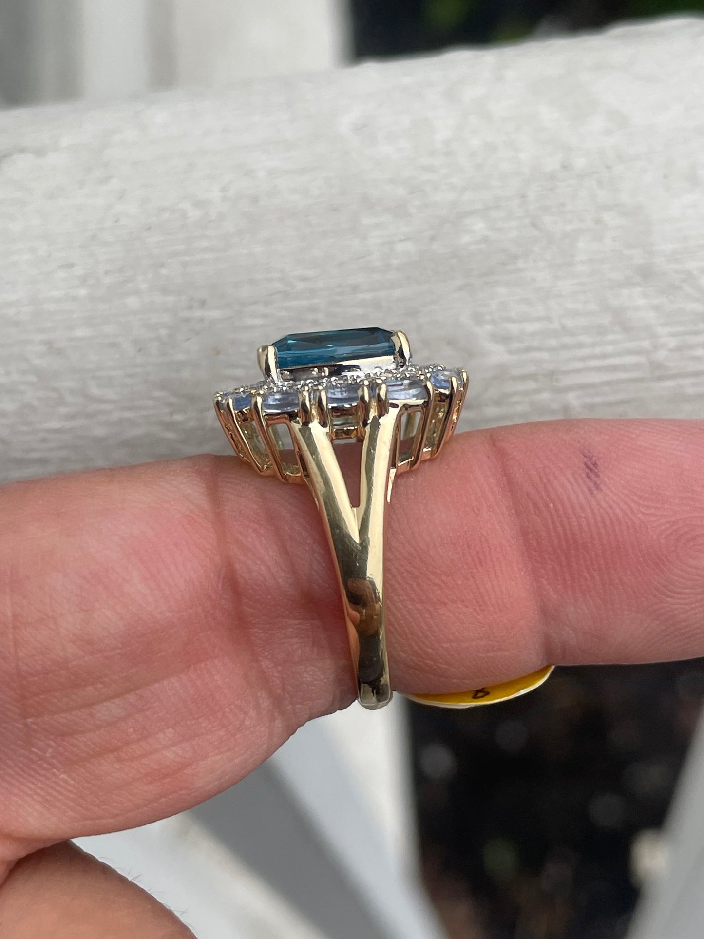 925 Sterling Silver Vermeil Natural Swiss Blue Topaz + Diamond & Tanzanite Cluster Ring Size 8