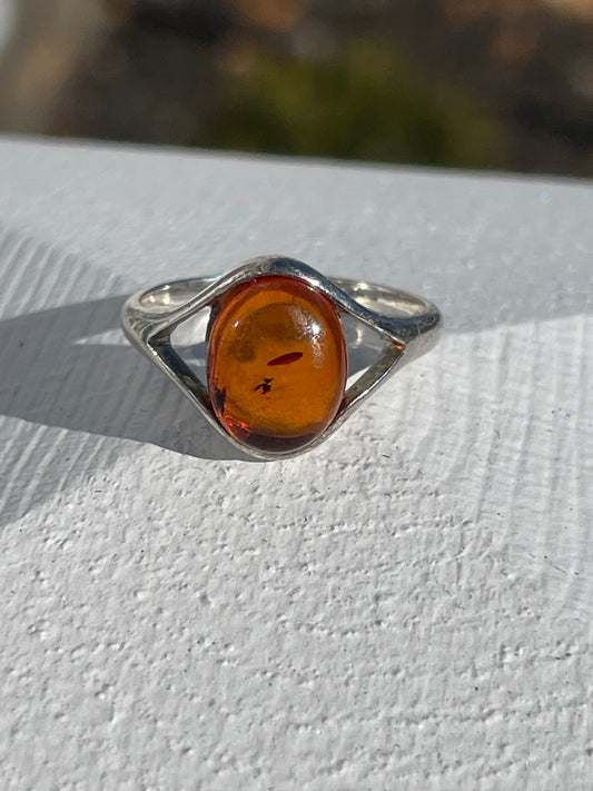 925 Sterling Silver Natural Amber Oval Solitaire Ring Size 6