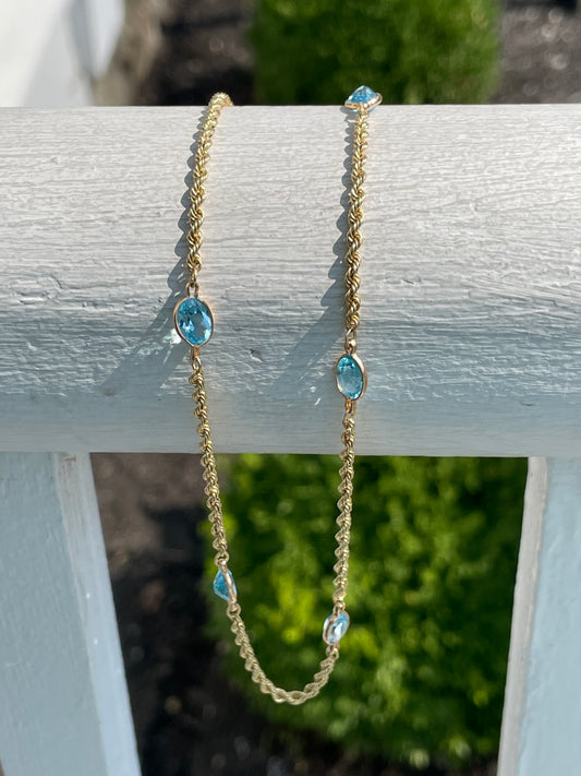 14k Gold Blue Topaz by the Yard Rope Chain Necklace