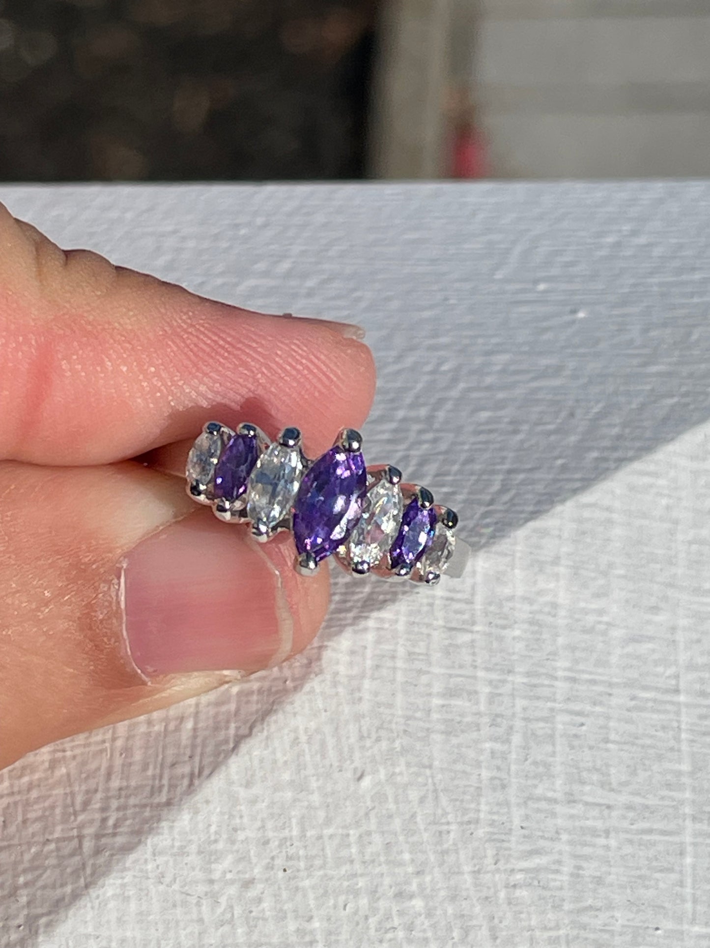 925 Sterling Silver 1980s Marquis Purple & Clear Cz Bridge Ring Size 8