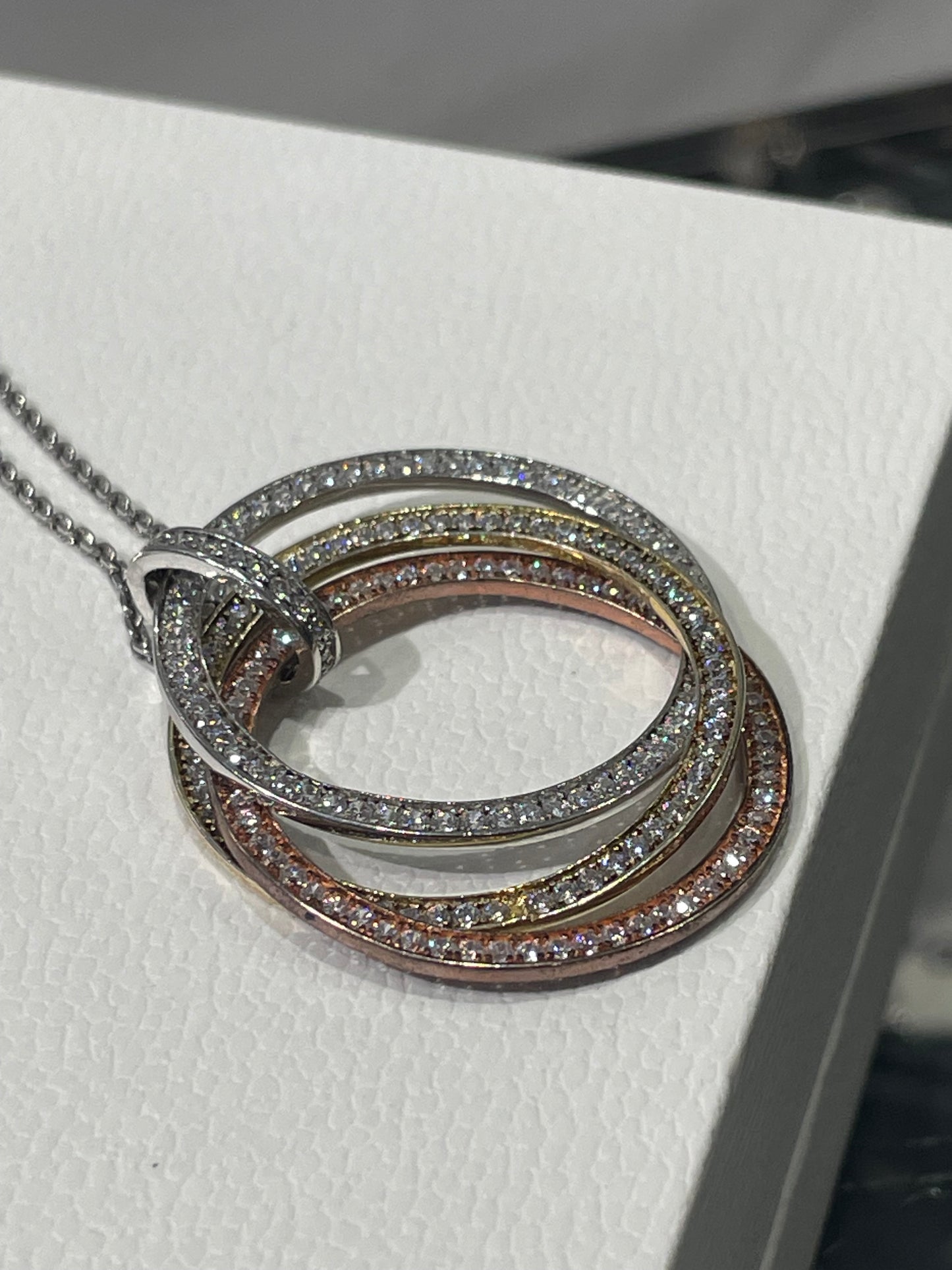 925 Sterling Silver Tri Color Triple Circle of Life Cz Necklace