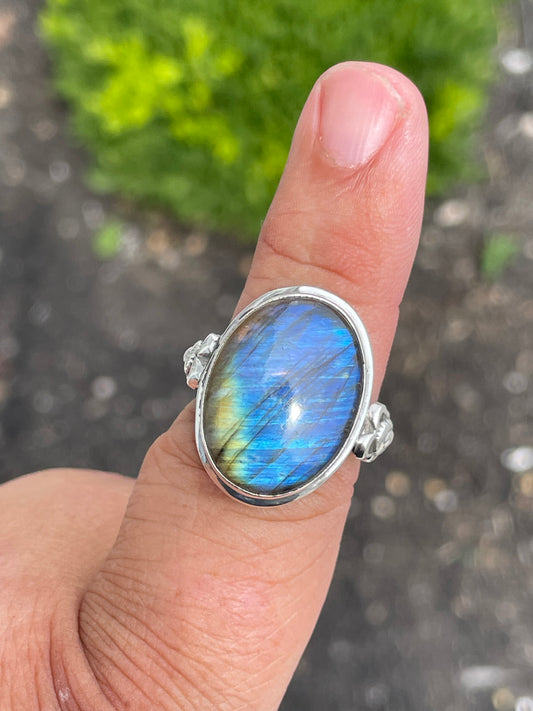 925 Sterling Silver Large Labradorite Stone Ring Size 8.5