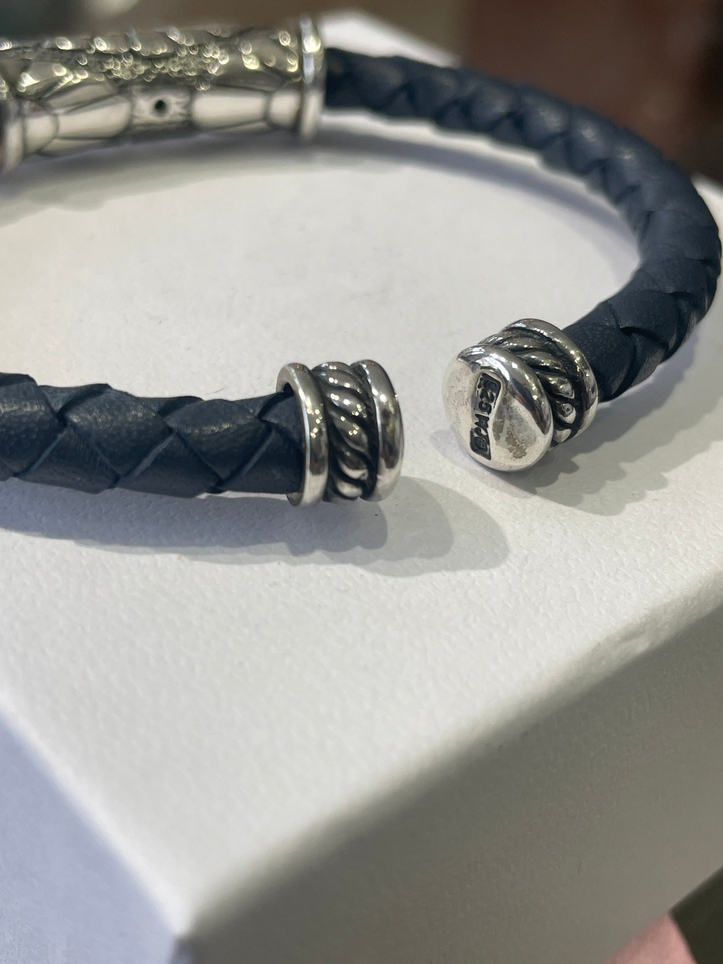 Designer Waldeck Johnson Dark Blue Braided Leather & 925 Sterling Silver Cuff Bracelet