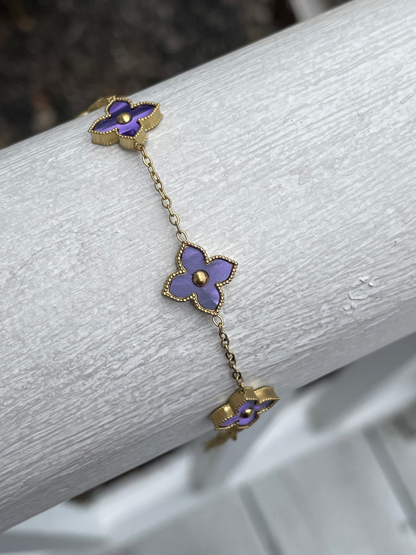 Stainless Steel Gold Vermeil Purple Clover Station Van Cleef Style Bracelet Adjustable 7"-9"