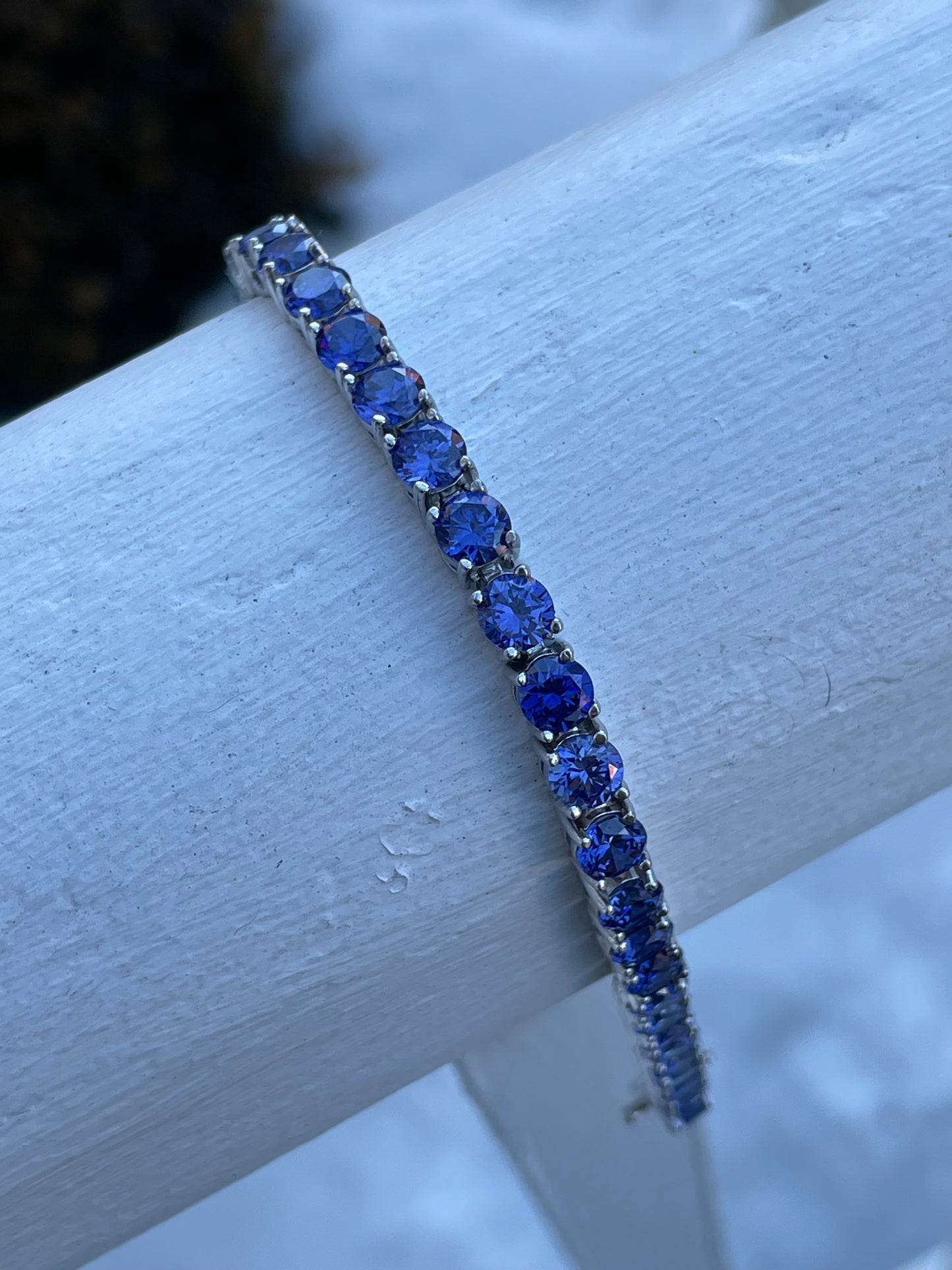 925 Sterling Silver Simulates Tanzanite Tennis Bracelet 8”