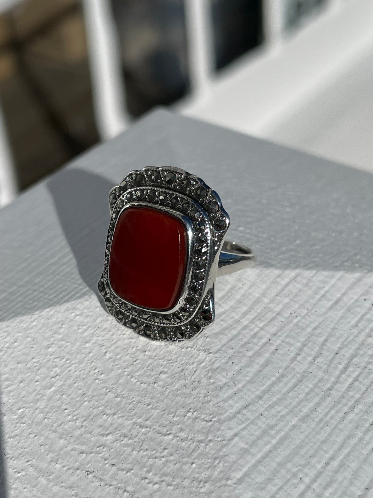 925 Sterling Silver Antique Carnelian & Marcasite Signet Ring Size 6.5