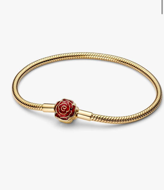 Pandora Disney Beauty and the Beast Enchanted Rose Snake Chain Gold Shine Bracelet 7.9