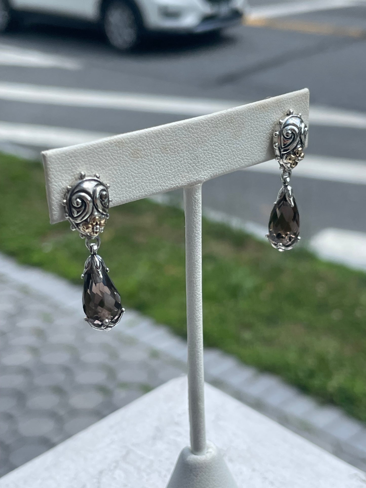 Designer Barbara Bixby Elongated Smoky Quartz Dangle Earrings 925 Sterling Silver & 18k Gold