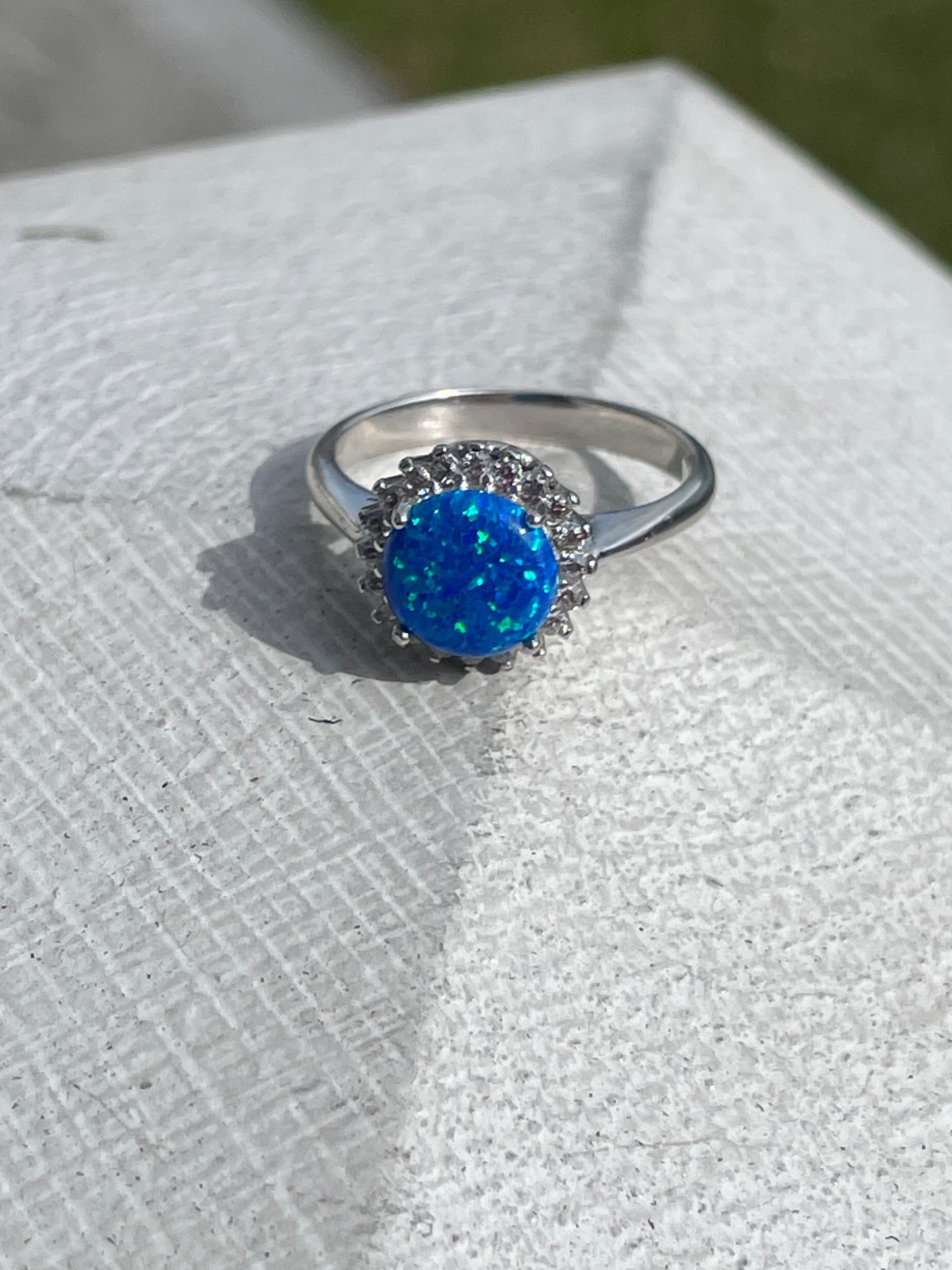 925 Sterling Silver Blue Opal & Cz Solitaire Ring Size 7