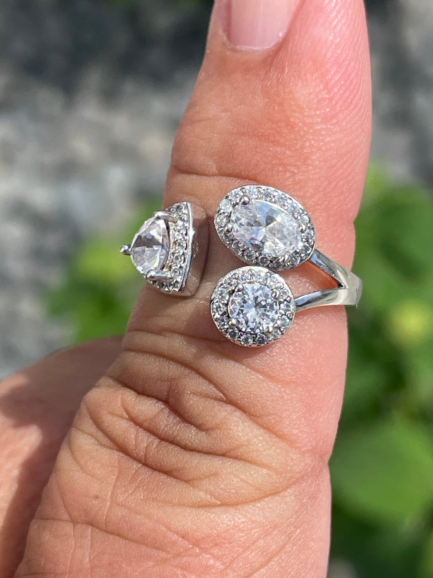 925 Sterling Silver Elevated Elegance Open Size Triple Stone Ring Size 7