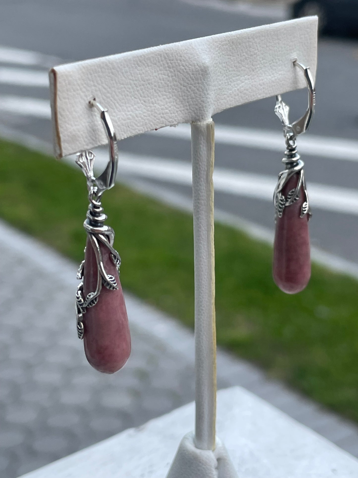 925 Sterling Silver Rhodochrosite Elongated Stone Dangle Earrings