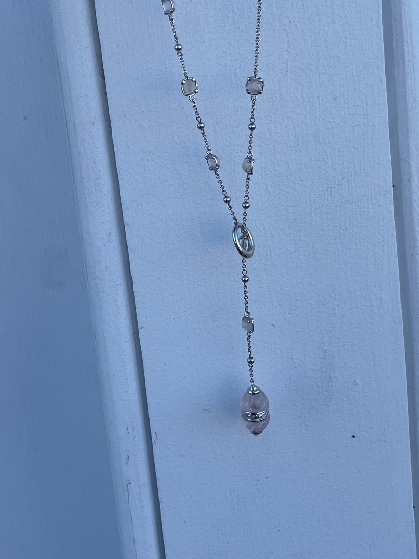 925 Sterling Silver Rose Quartz & White Agate Lariat Necklace