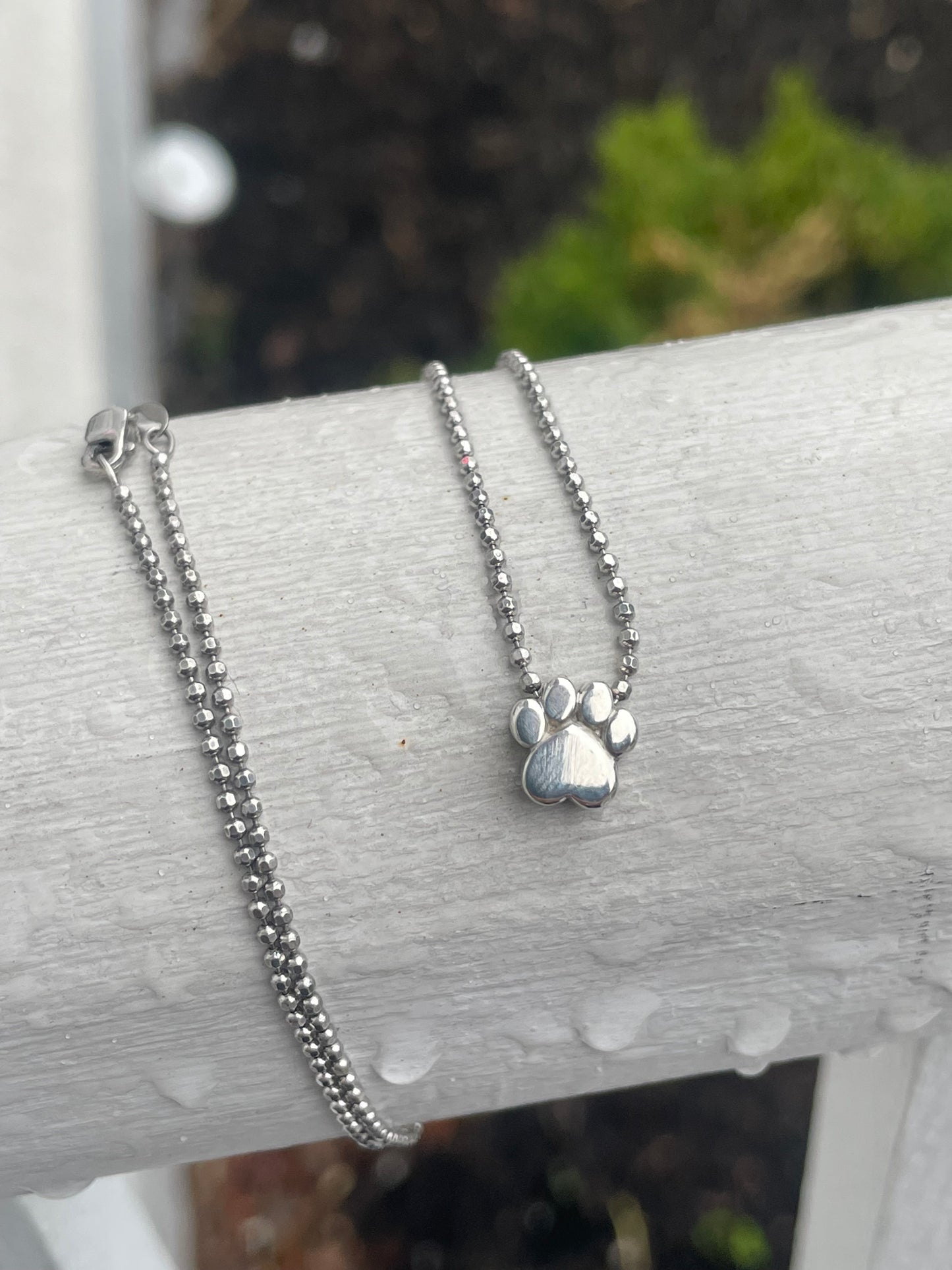 925 Sterling Silver Petite Paw Print Beaded Necklace 16”