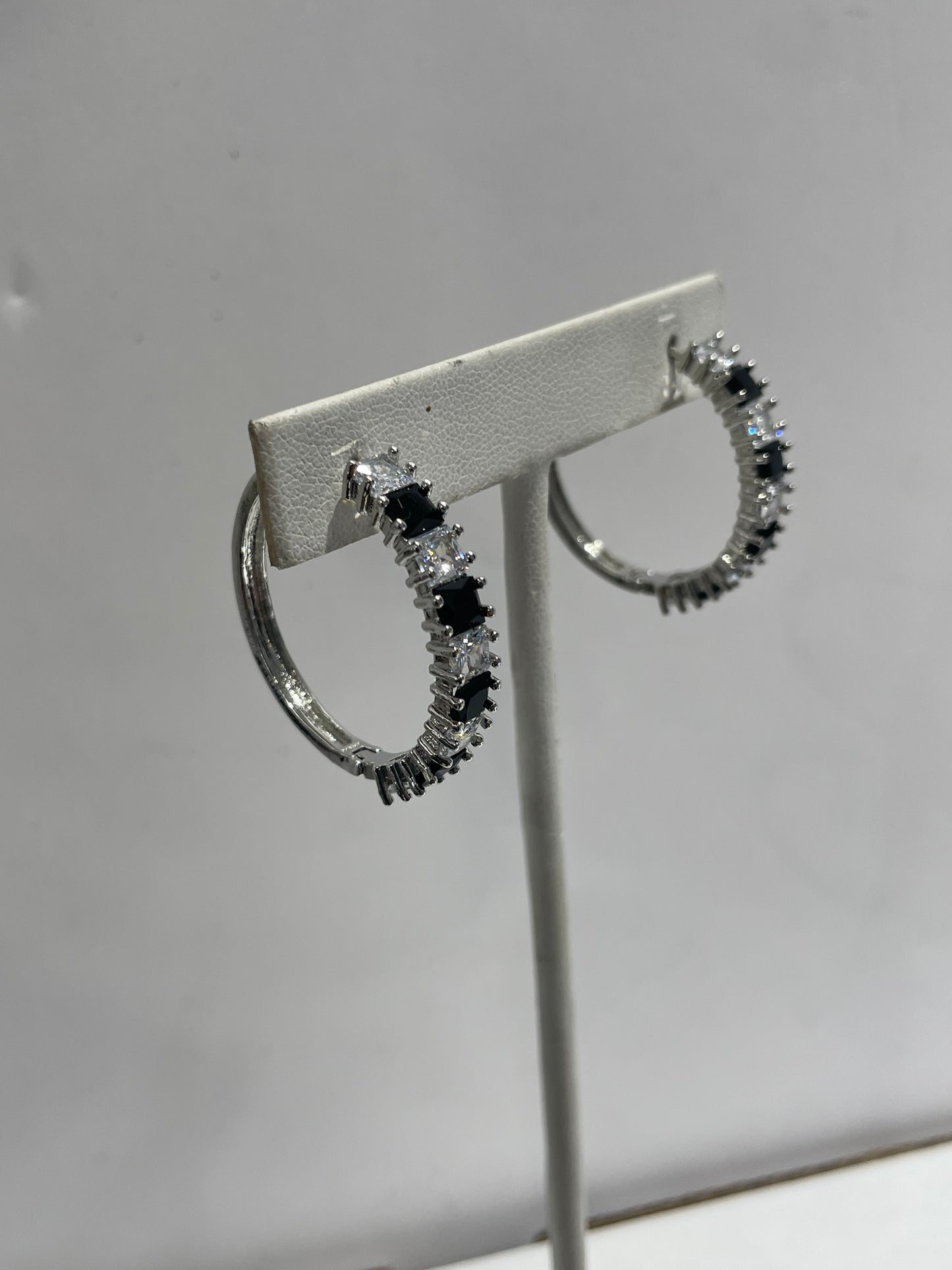 Silver Plated Black & White Zirconia Hoop Earrings
