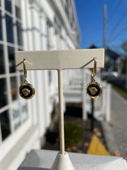 14k Gold Versace Style Logo Black Onyx Dangle Earrings