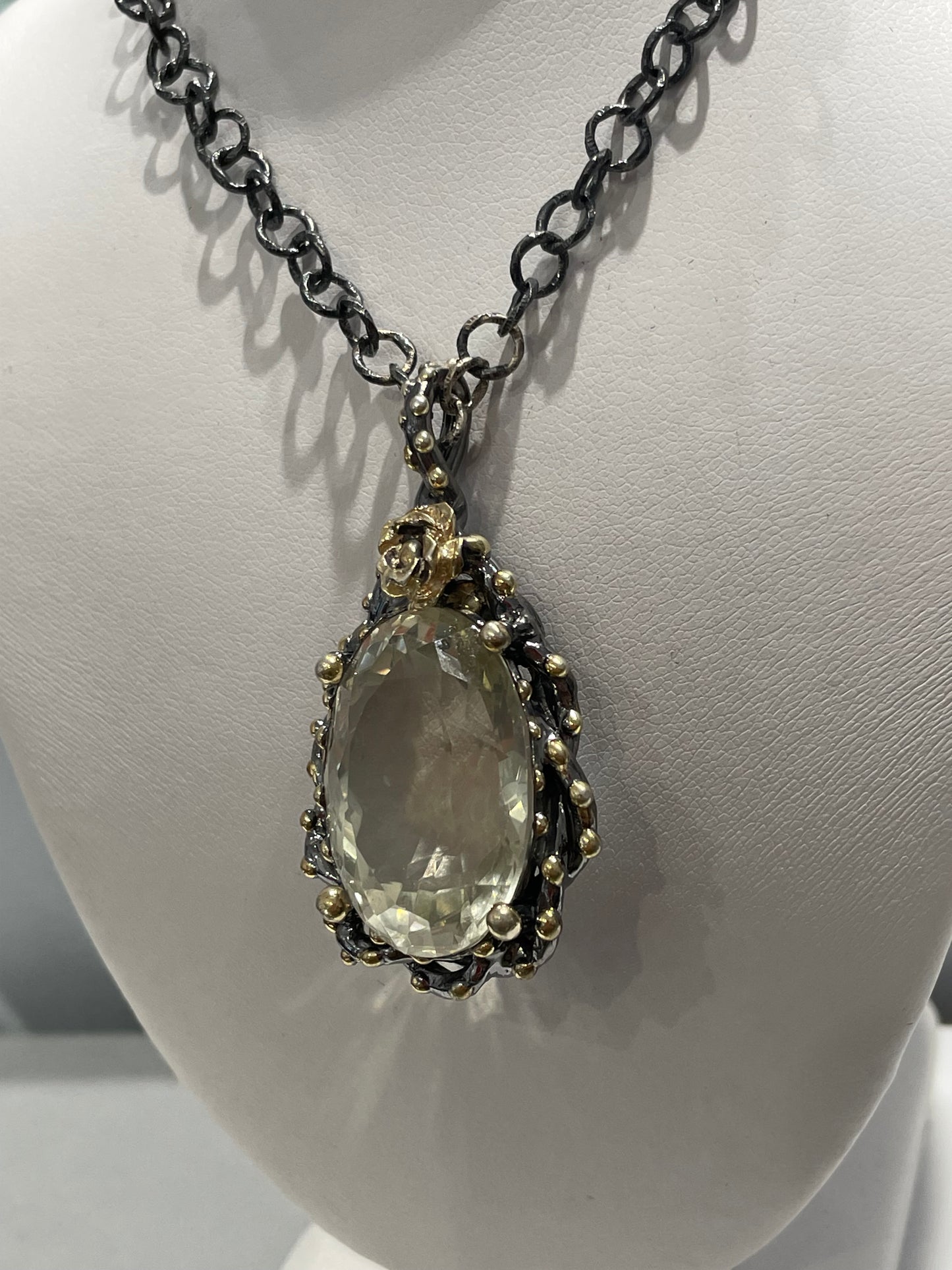 925 Oxidized Sterling Silver Large Light Yellow Citrine Necklace with Vermeil beaded highlights 20”
