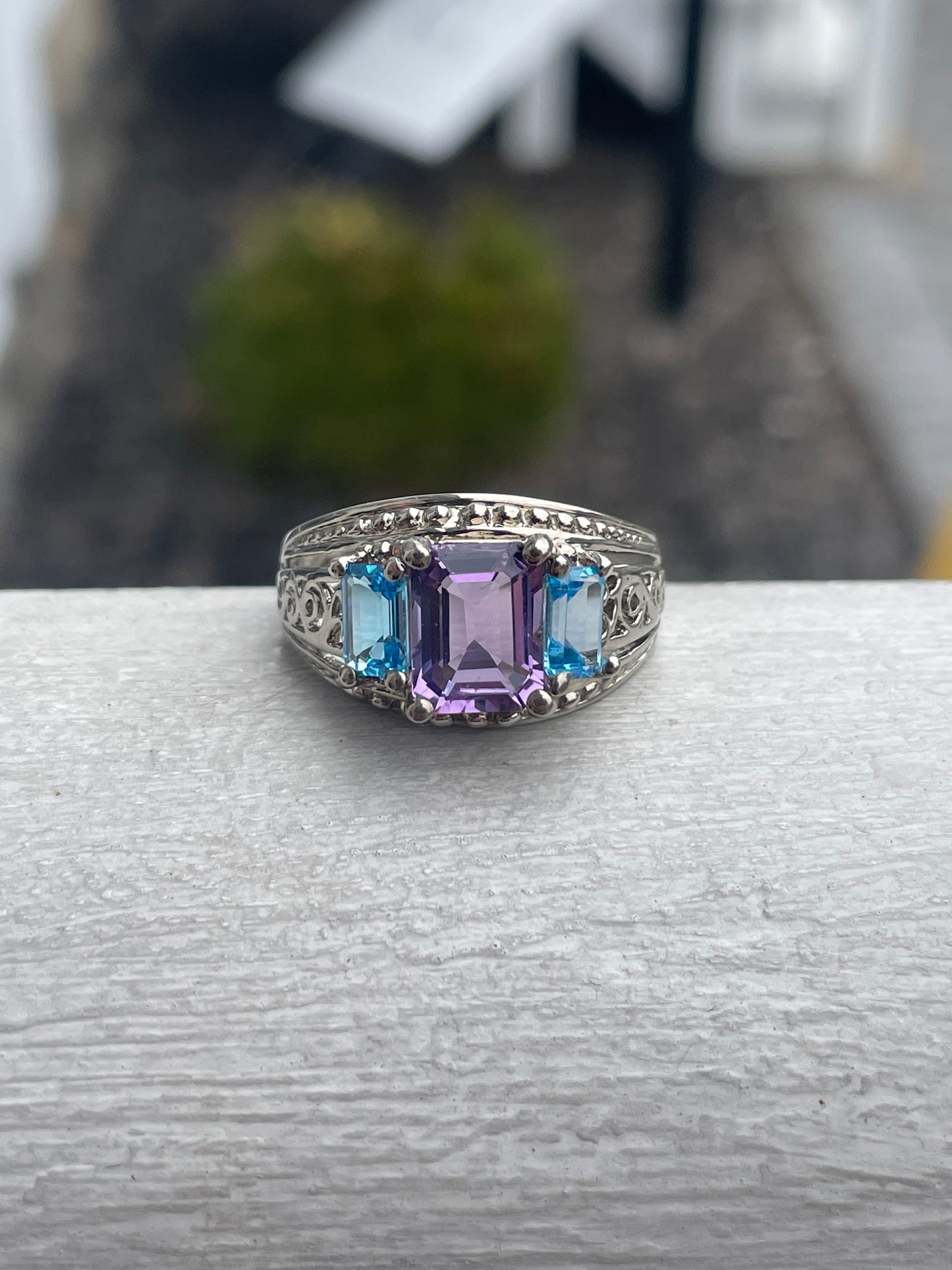 925 Sterling Silver Designer CJC past present future Blue topaz and amethyst ring size 10