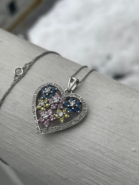 10k Gold Field Of Flowers Diamond Heart Necklace with Multi-Colored Stone Flowers (K23)