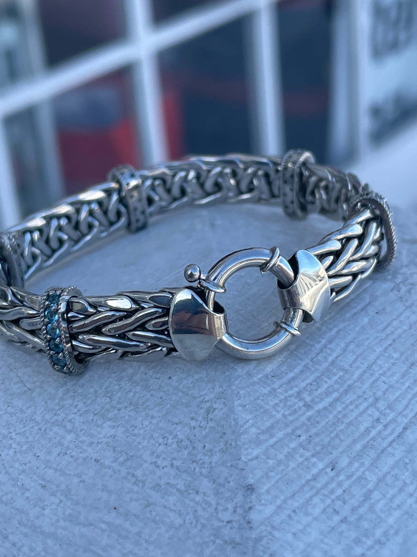 925 Silver Blue Topaz Station Woven Braided Bracelet 7”