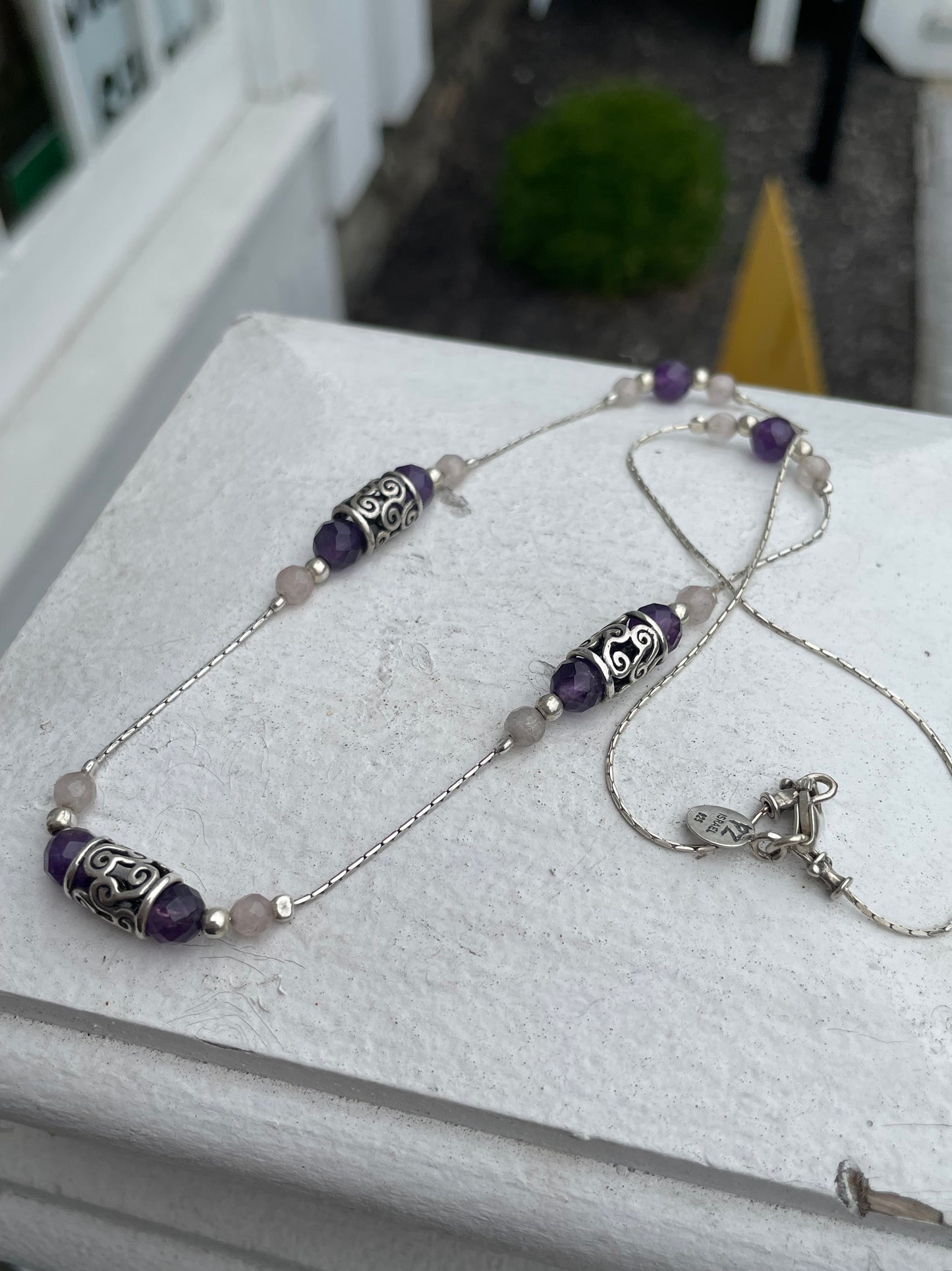 Designer Paz 925 Sterling Silver Amethyst & Rose Quartz Bead Necklace