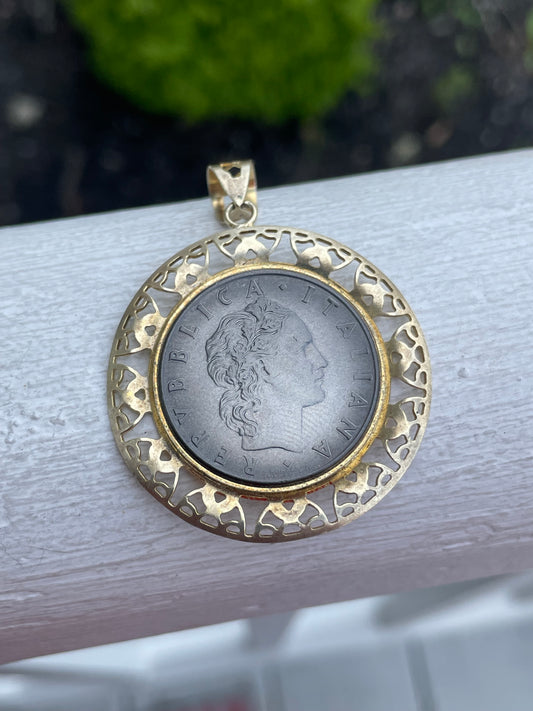 925 Sterling Silver Vermeil Handmade 50 Lira Coin Pendant