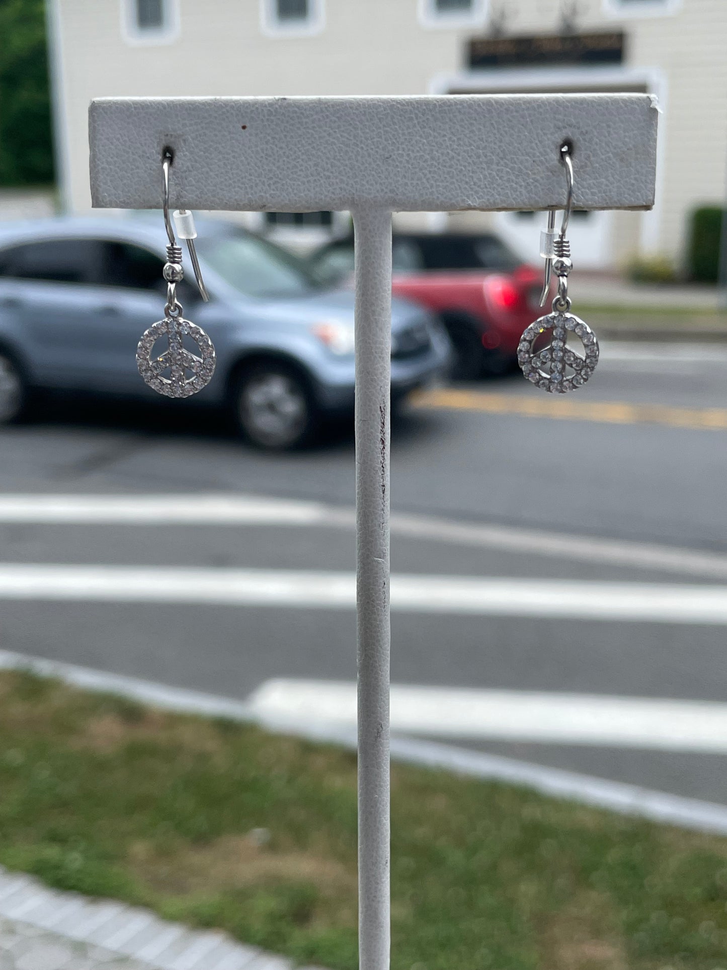 925 Sterling Silver Sparkling Peace Sign dangle Earrings