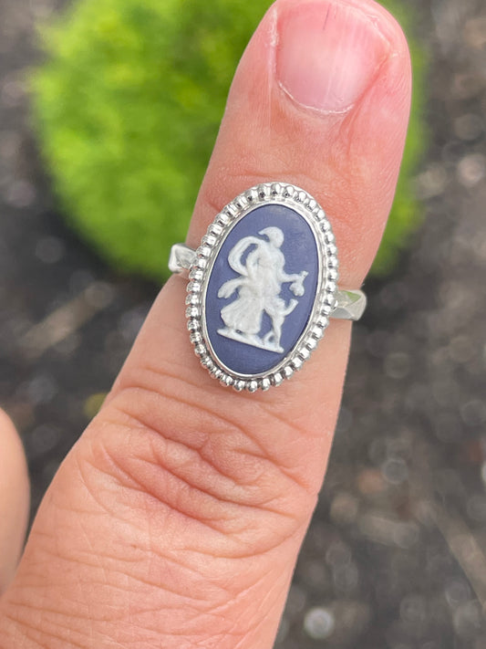Designer Wedgwood 925 Sterling Silver Green Blue Cameo Ring Size 6