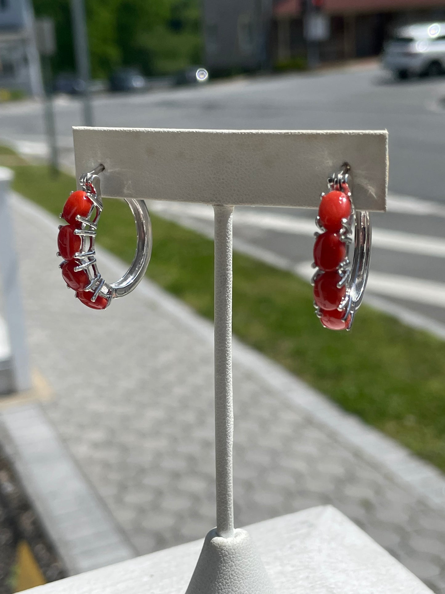 925 Sterling Silver Natural Coral Stone Oblong Hoop Earrings