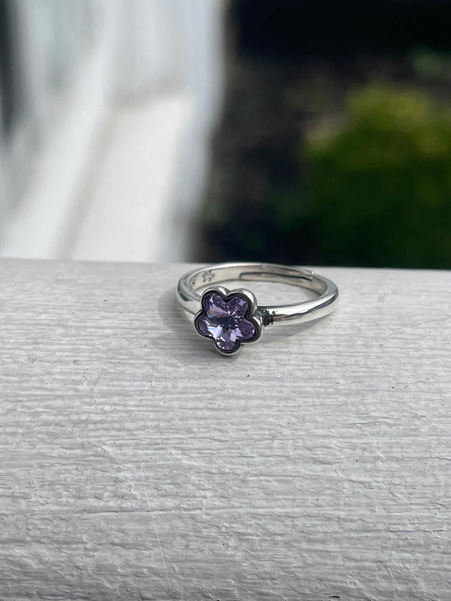 925 Designer KH Sterling Silver Girls Crystal Lavender Color Flower Ring ~ Open Size