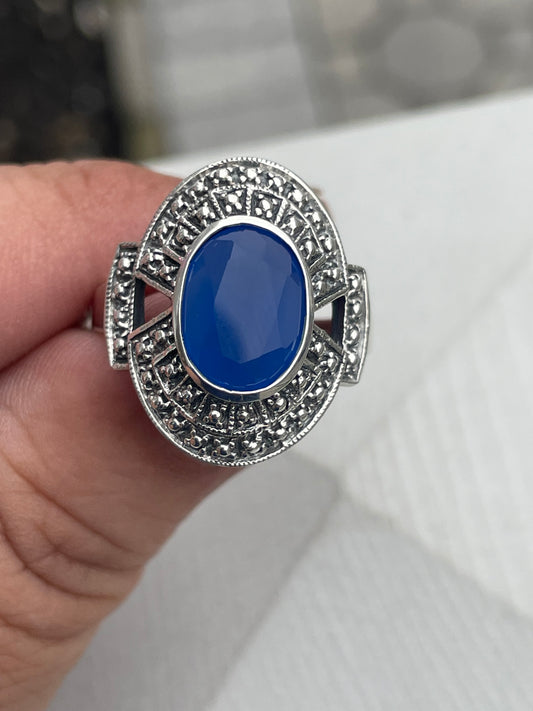 925 Sterling Silver Simulated Blue Chalcedony & Marcasite Shield Ring