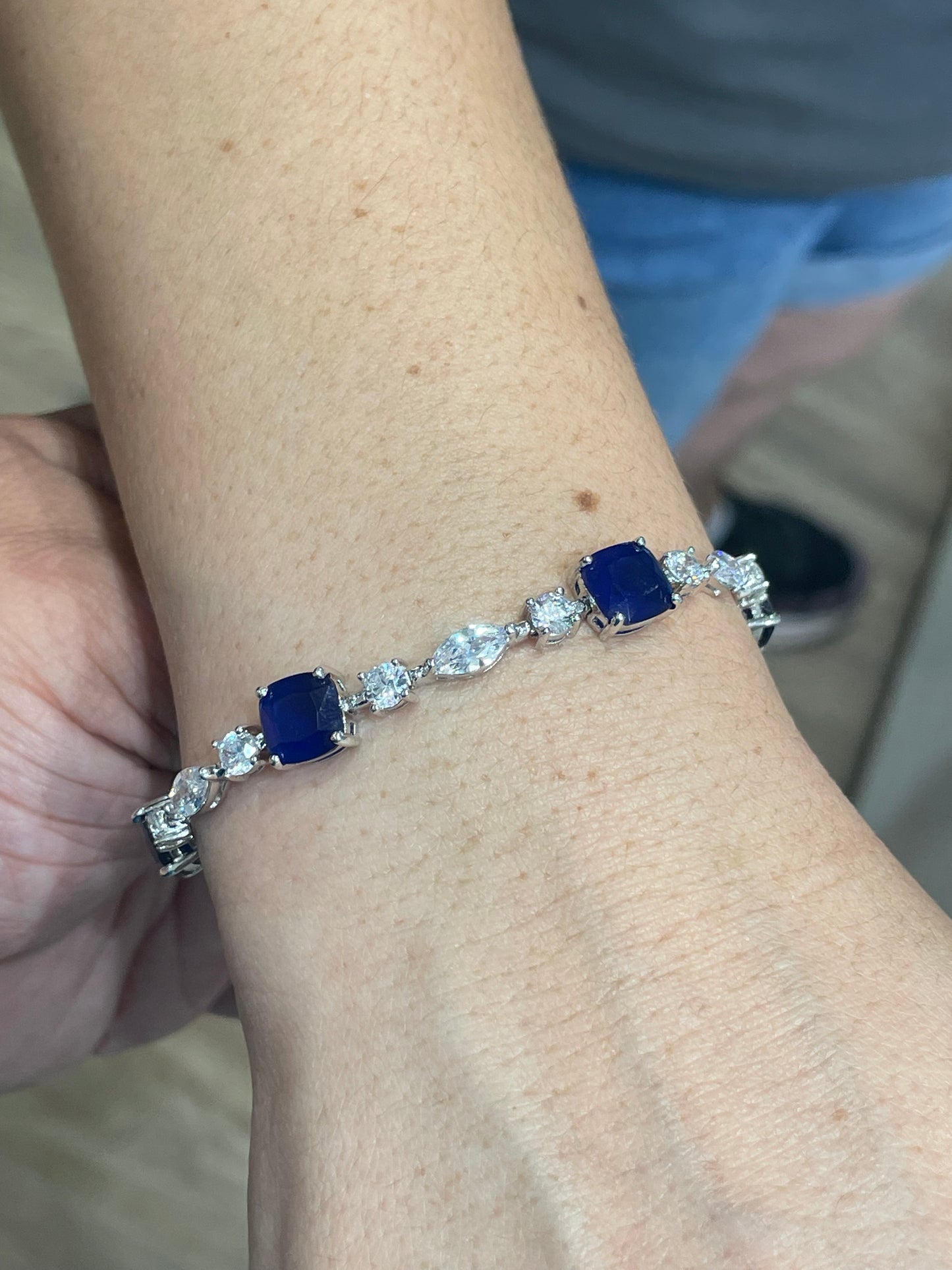 925 Sterling Silver Simulated Cushion Cut Sapphire and Clear Zirconia Tennis Bracelet 7”