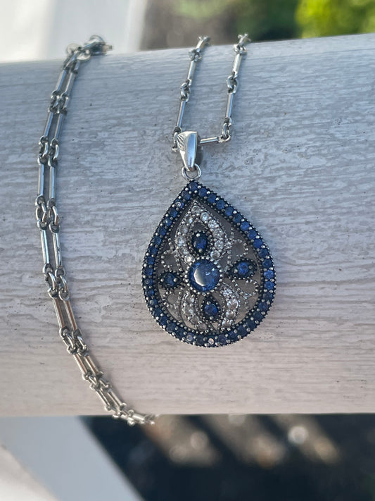925 Sterling Silver Filigree Art Deco Necklace w/ Sapphire & White Topaz Stones