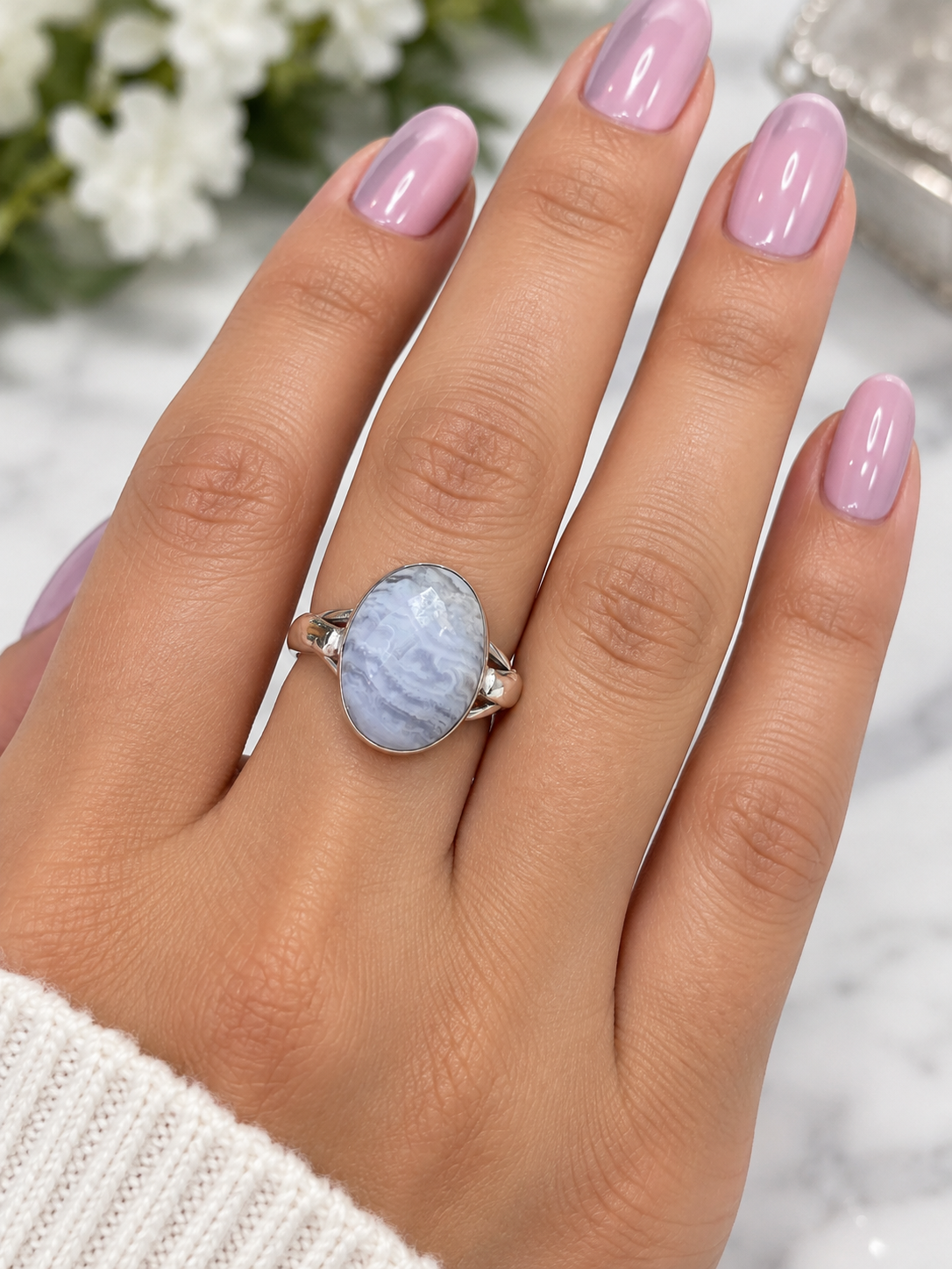 925 Sterling Silver Blue Lace Agate Solitaire Statement Ring Size 6.5