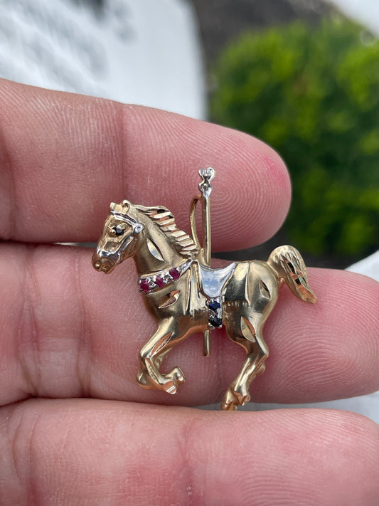 14k Gold Carousel Horse Pendant / Brooch