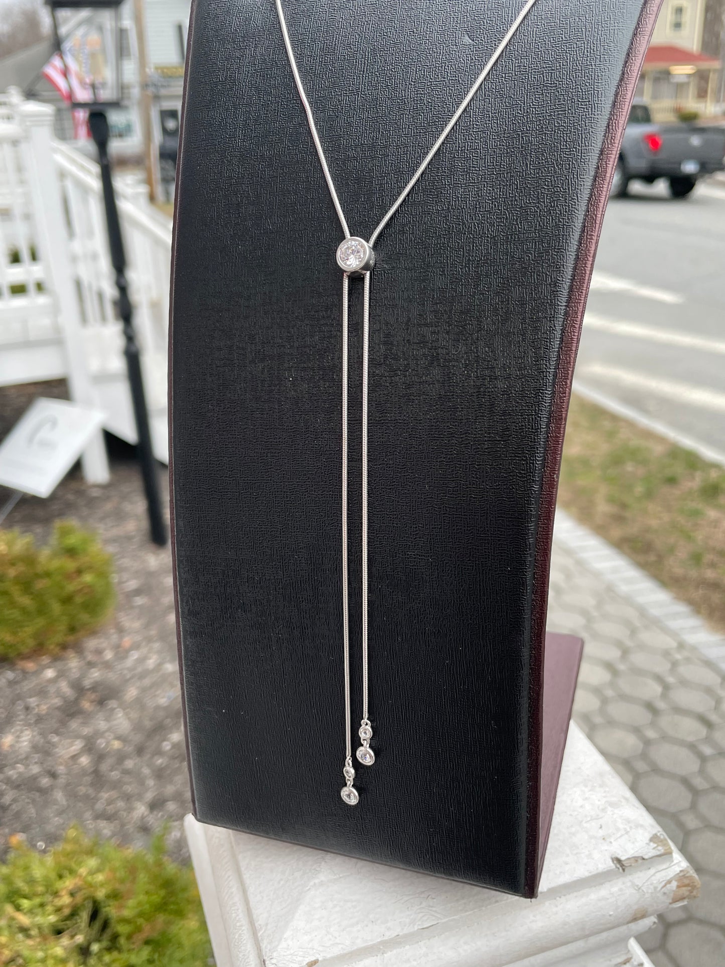 925 Sterling Silver Bolo Tie Cz Stone Necklace