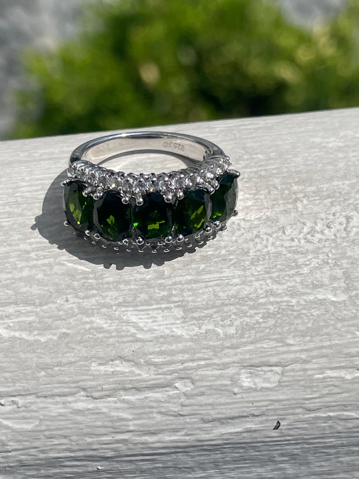 925 Sterling Silver Chrome Diopside & Cz Large Stone Band Ring Size 6