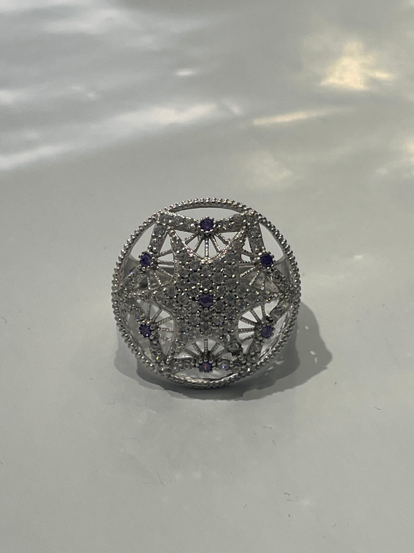 925 Sterling Silver Purple & Clear Zirconia Dream Catcher Ring Size 8