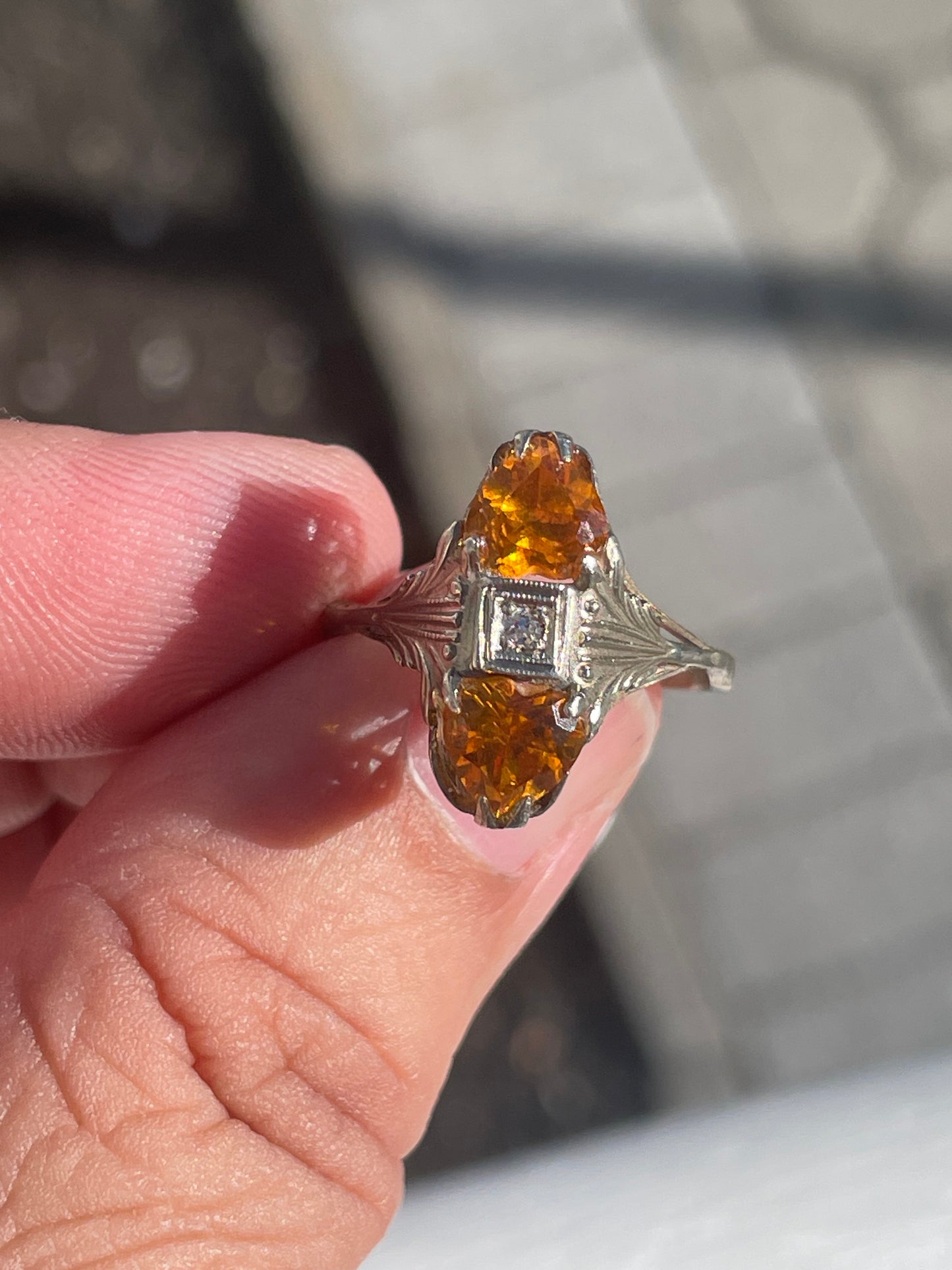 14k White Gold Antique Art Deco Double Heart Citrine & Diamond Ring Size 7.5