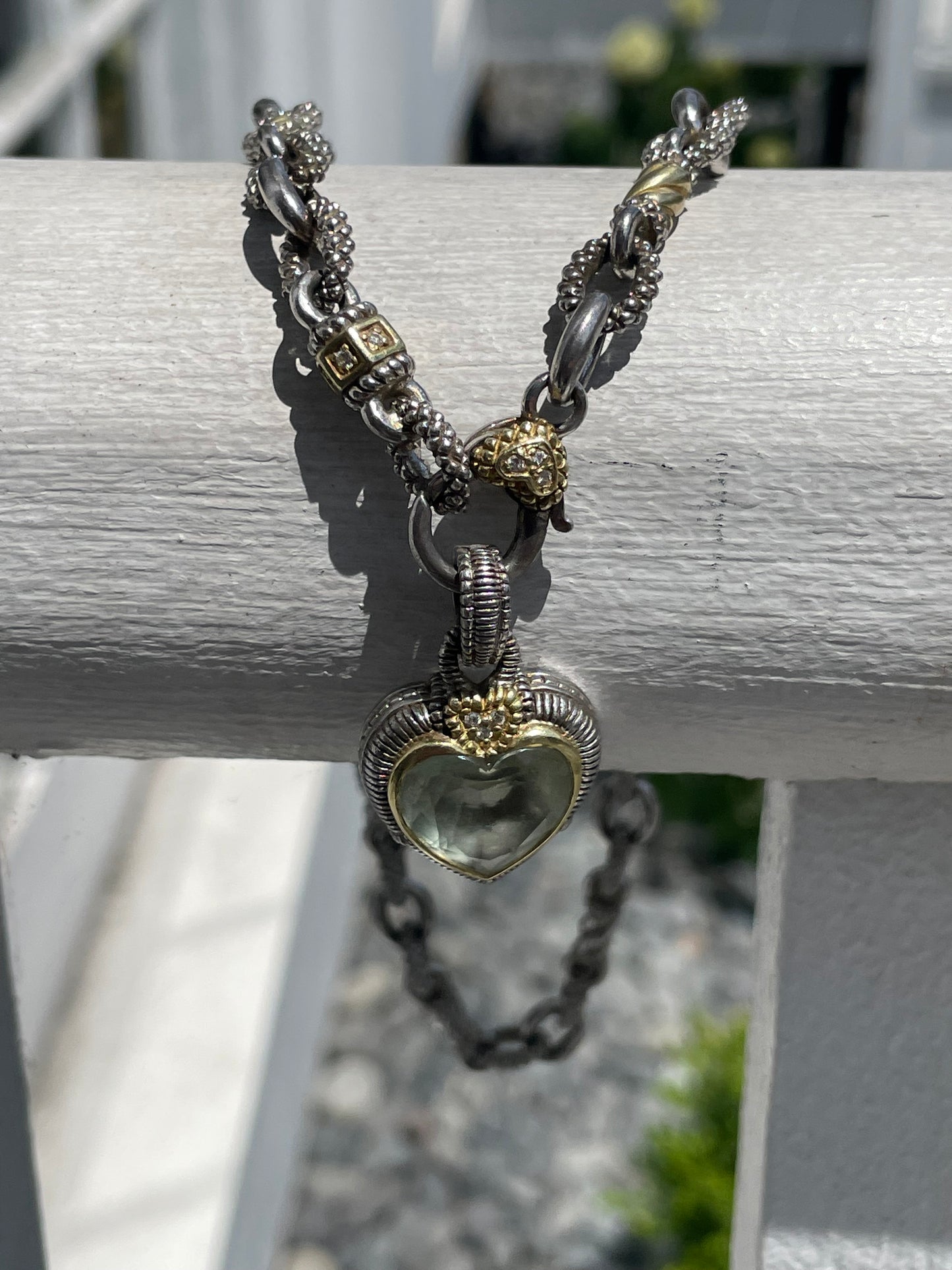 Judith Ripka 925 Sterling Silver & 18k Gold Necklace with Green Praisolite Heart Enhancer Pendant