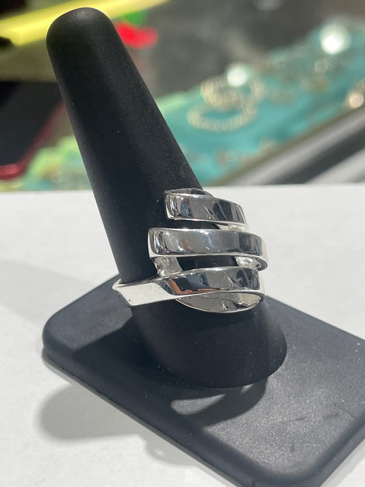 925 Sterling Silver High Polished Modernist Abstract Ribbon Cluster Ring Size 10