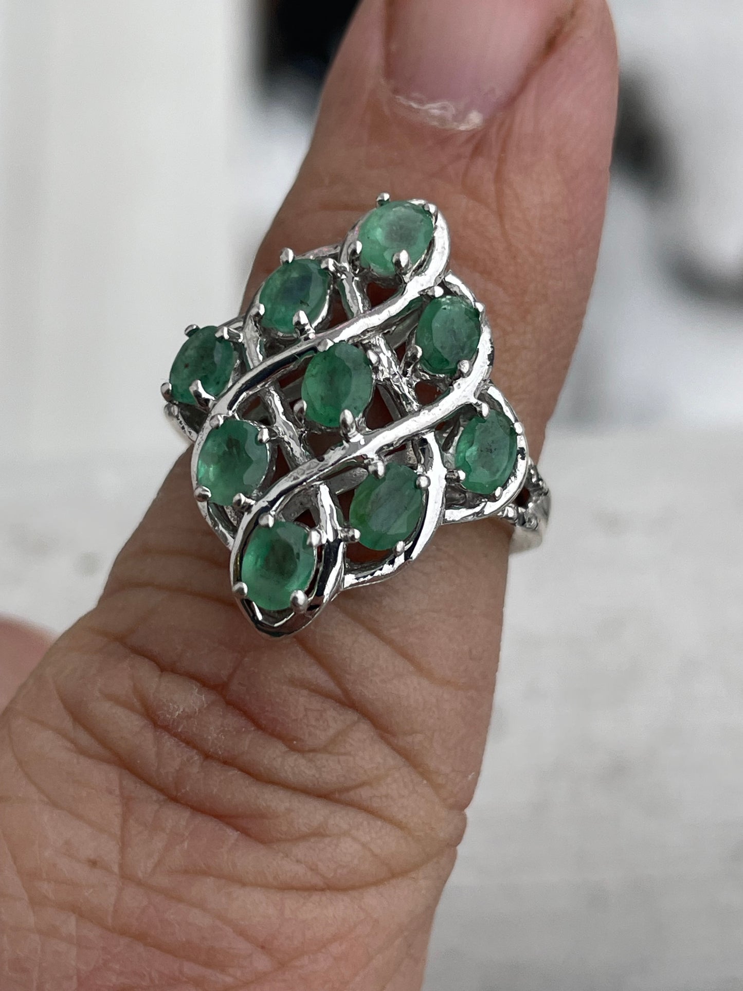 925 Sterling Silver Natural Emerald Cluster Ring Size 6