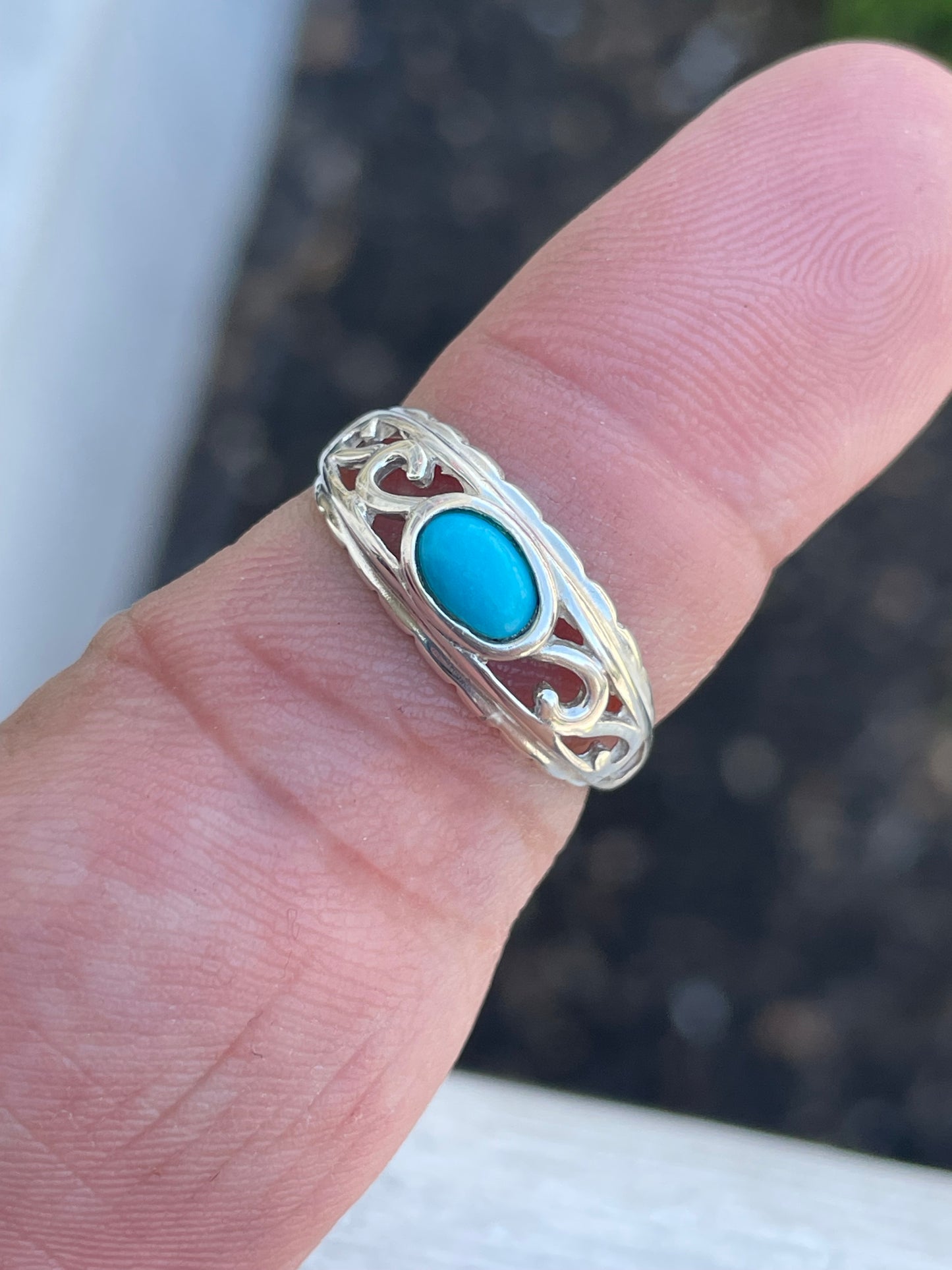 925 Sterling Silver Openwork Filigree Turquoise Band Ring Size 7