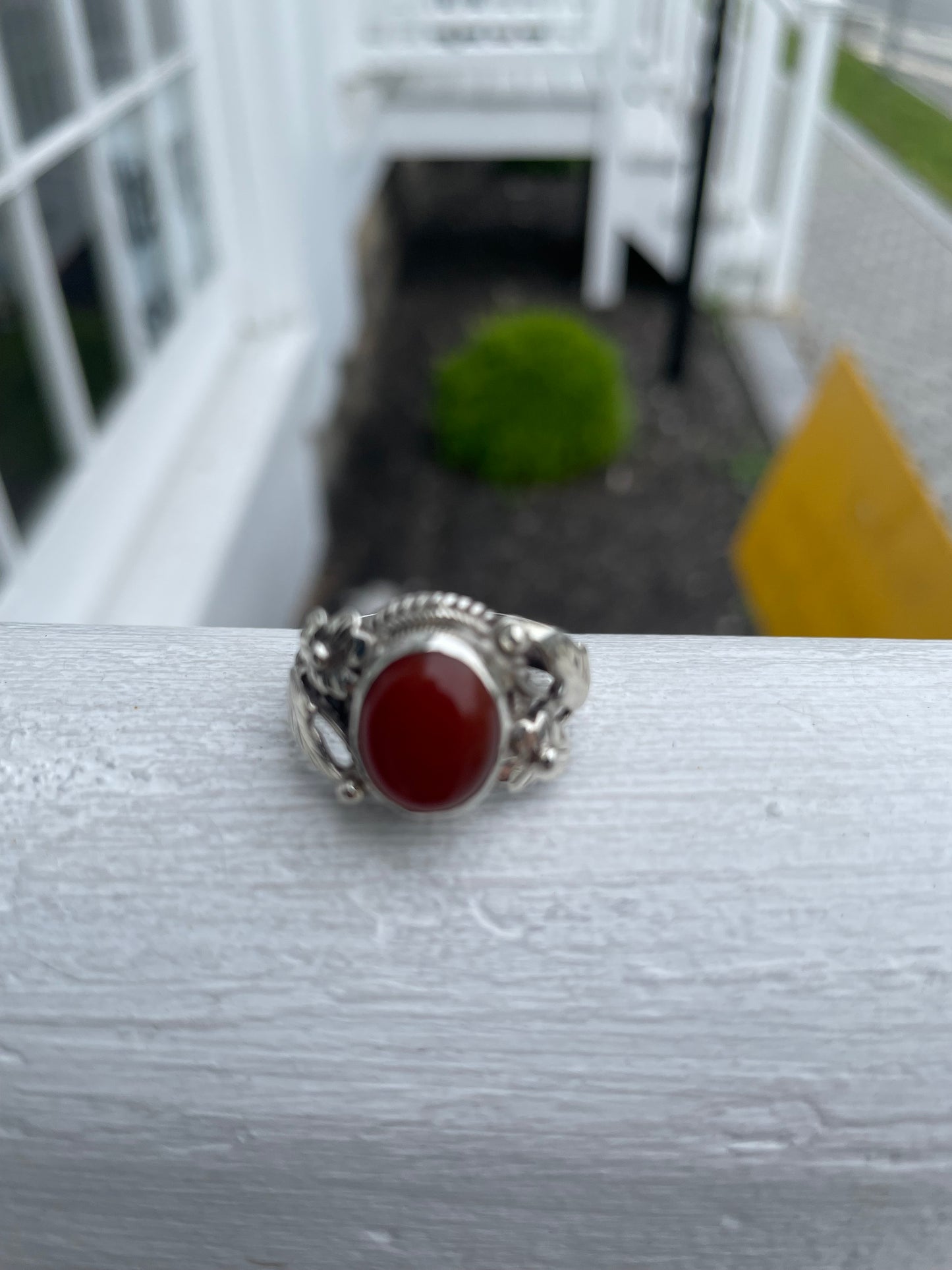 925 Sterling Silver Carnelian Solitaire Ring Nature Filigree Setting Size 7.5