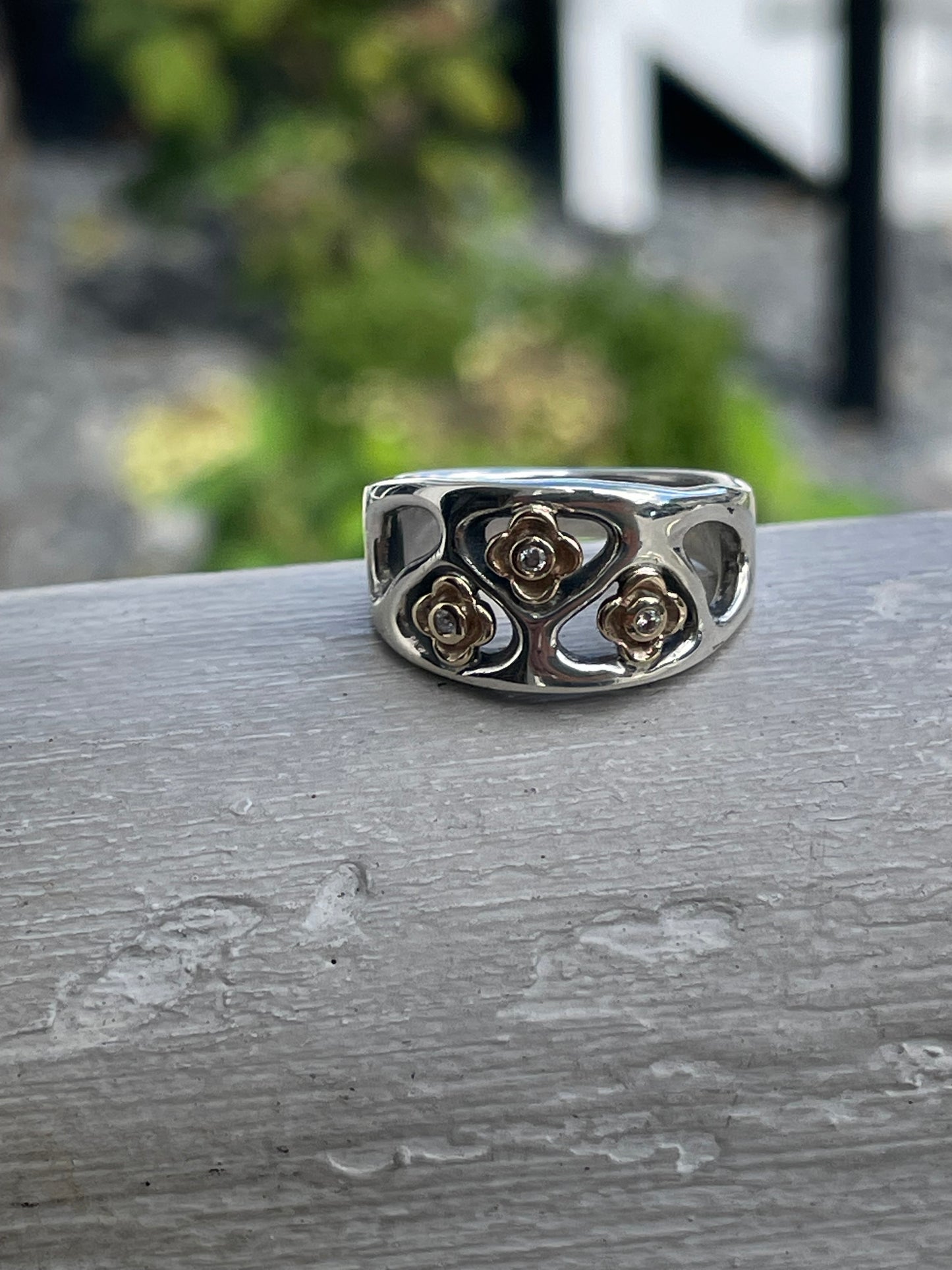 Retired Pandora 190154D - ALE 925 & 14K Gold Diamond Flower Ring Size 7.5