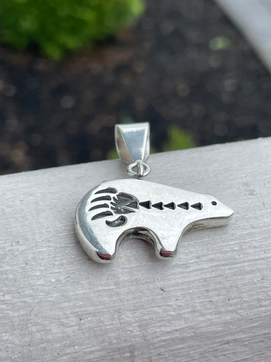 Designer N. Woody 925 Sterling Silver Running Bear Reversible Navajo Pendant