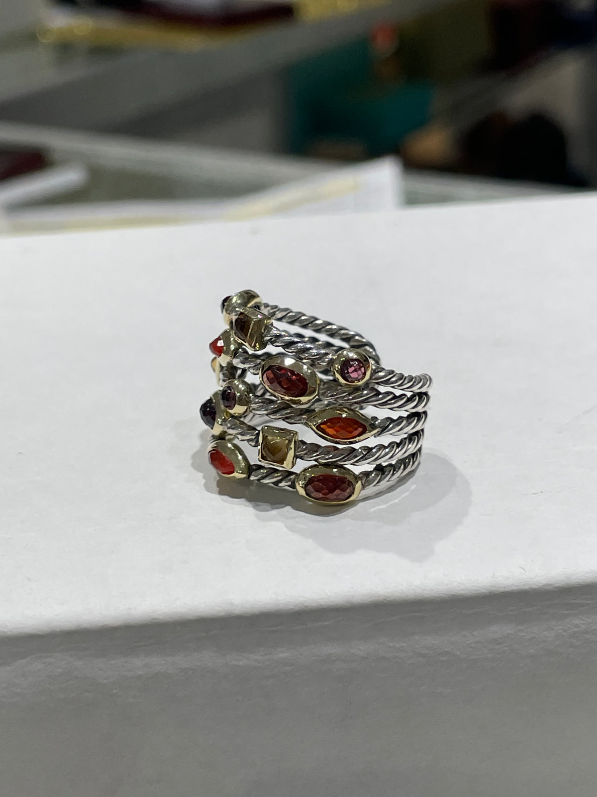 Retired David Yurman Carnelian Garnet Pink Tourmaline & Citrine Confetti Ring 925 Silver & 18k Gold Open Size