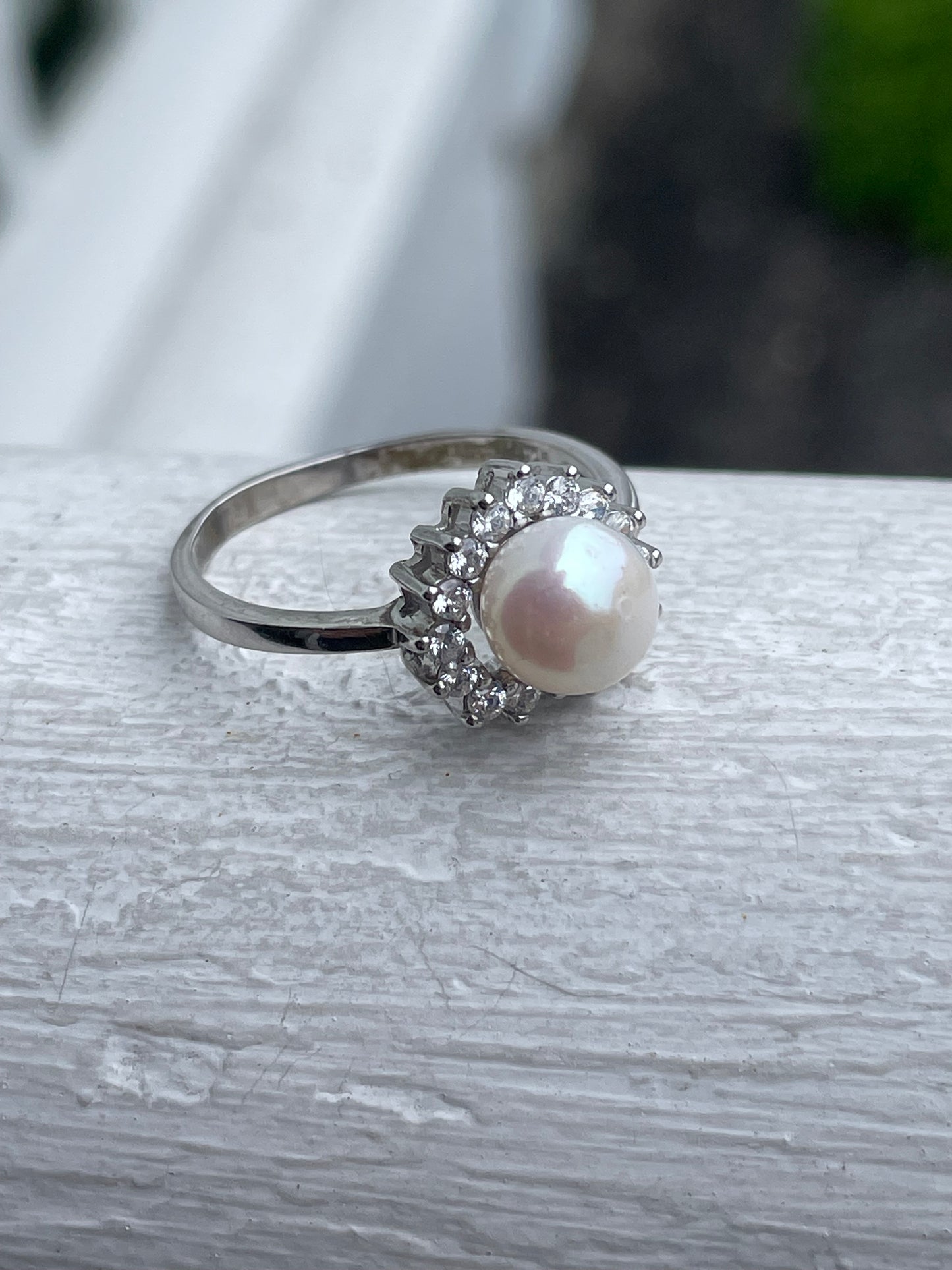 925 Sterling Silver Pearl & Cz Heart Shape Cluster Ring Size 9.5