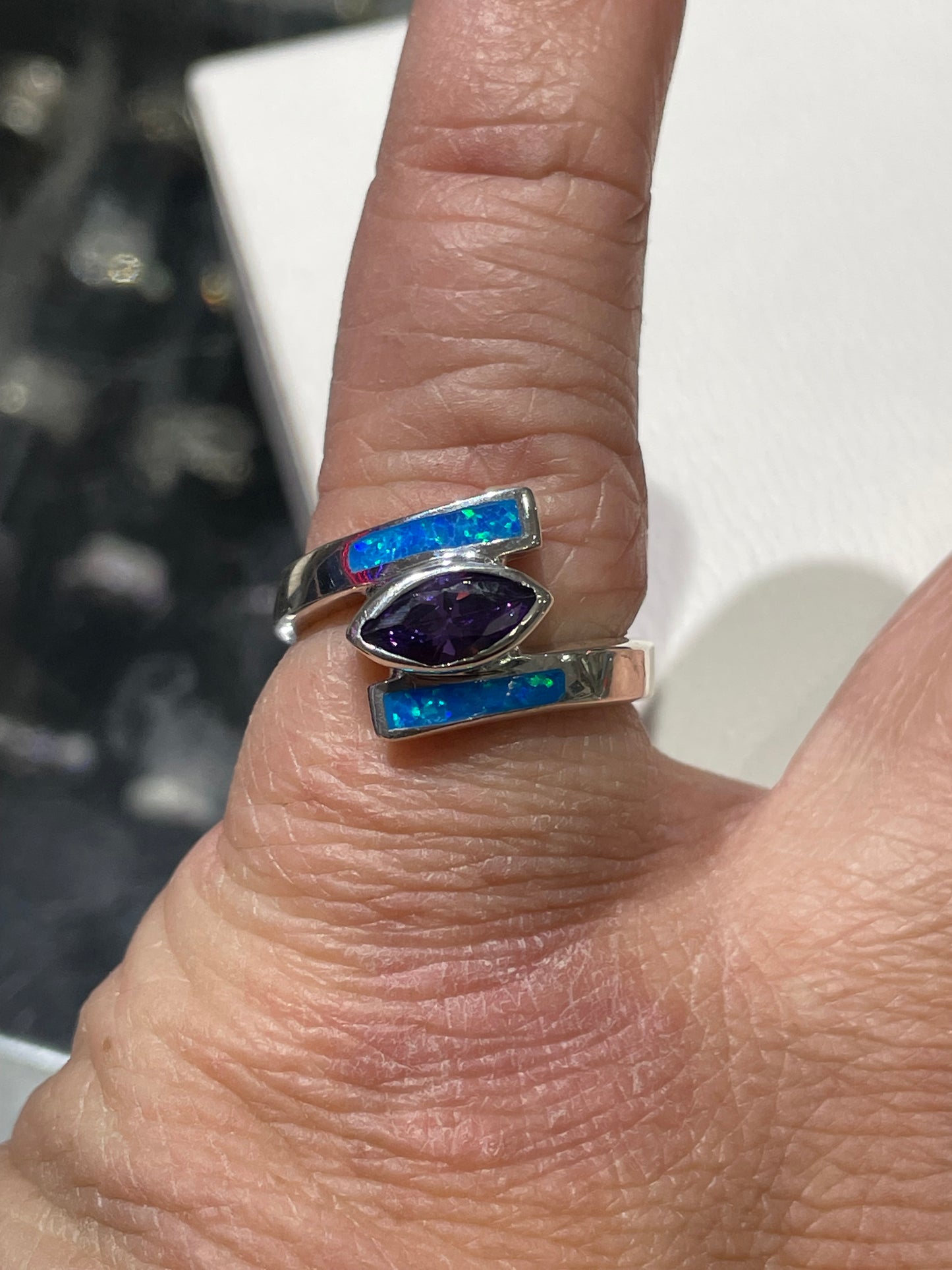 925 Sterling Silver Amethyst & Blue Opal Bypass Ring Size 7